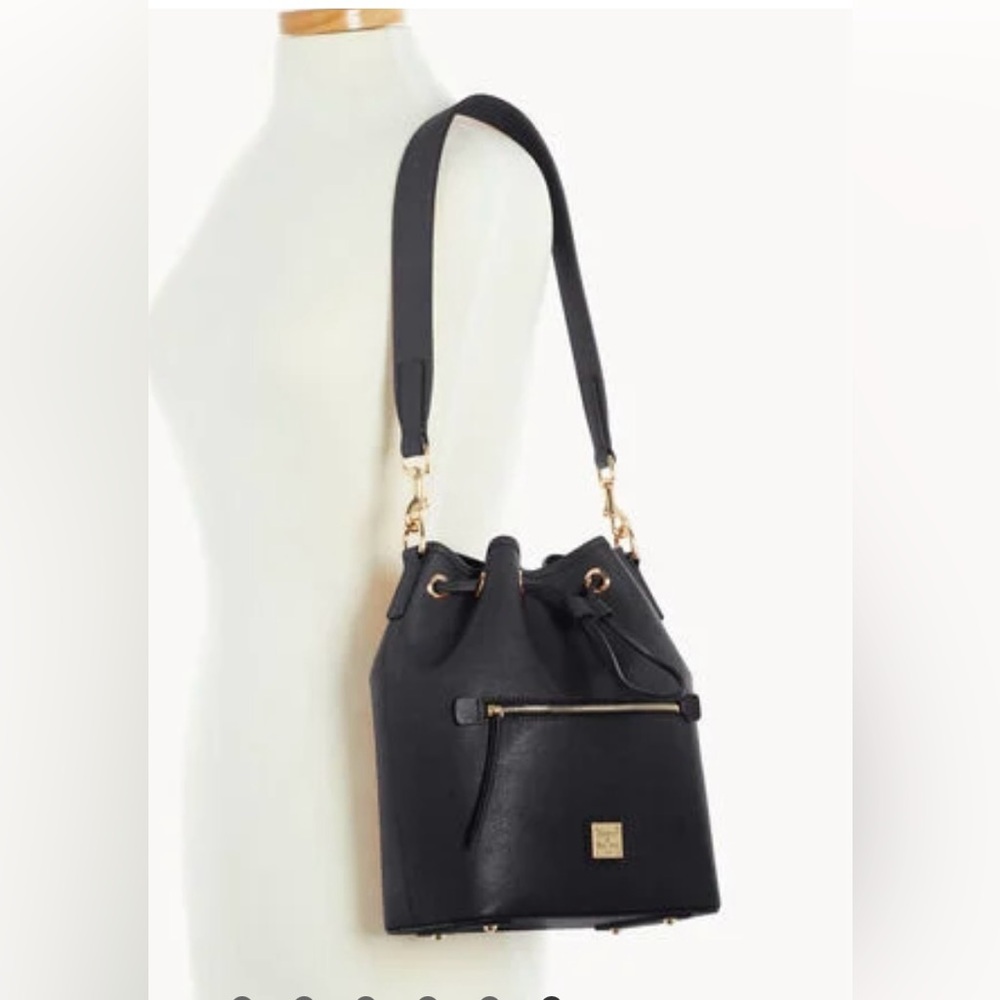 Dooney & Bourke Saffiano Drawstring Black Leather Bucket Bag - Picture 4 of 4